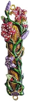 Beautiful Floral Mezuzah 5 Inch with Hand Painted Enamel and Crystals