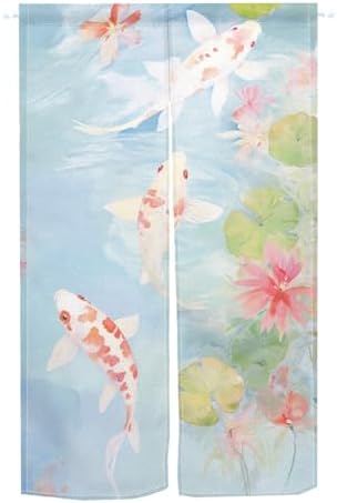 Japanese Noren Door Curtain with Lotus and Koi Fish Design