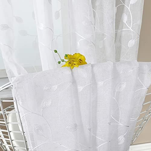 Tollpiz White Leaf Embroidered Sheer Curtains 30x24 Inches Set of 2
