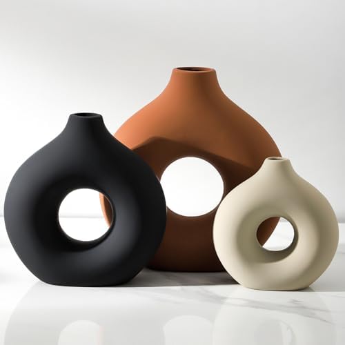 Ceramic Donut Vase Set of 3 Rust