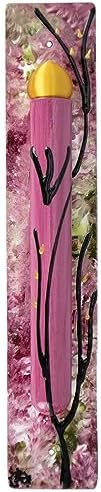 Hand Painted Glass Mezuzah Case with Printed Scroll
