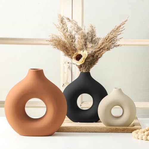 Ceramic Donut Vase Set of 3 Rust