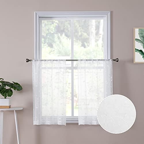 Tollpiz White Leaf Embroidered Sheer Curtains 30x24 Inches Set of 2