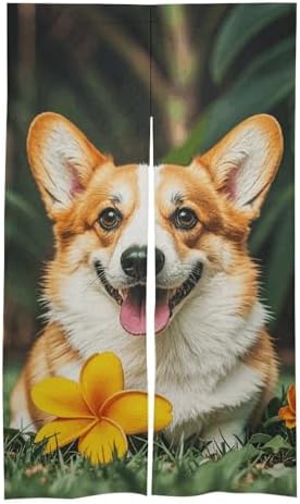 Tropical Flower and Corgi Door Cover Curtain 57x17 Inches