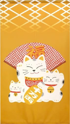 EDOYA Japanese Doorway Curtain with Animal Design Lucky Cat Yellow