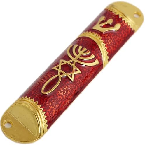 Traditional Red Gold Enamel Mezuzah Case for Home Protection