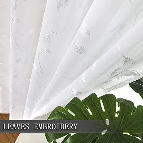 Tollpiz White Leaf Embroidered Sheer Curtains 30x24 Inches Set of 2