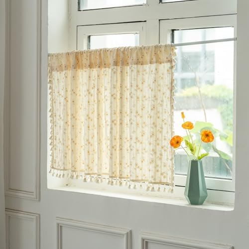 Dsnyu Small Curtains 24 Inch Beige Yellow Cotton Rod Pocket Panel
