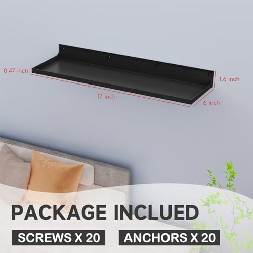 PEKGRIL 4 Pack Black Floating Metal Shelves Wall Mount 17x6 Inch