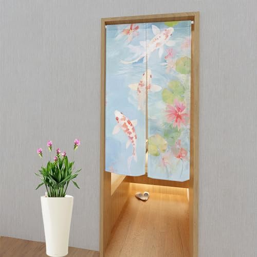 Japanese Noren Door Curtain with Lotus and Koi Fish Design