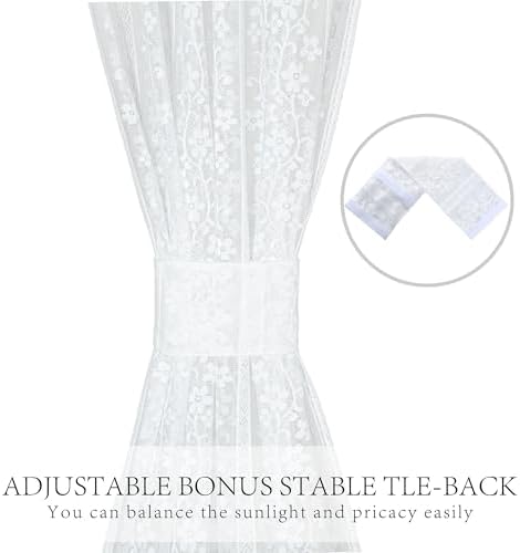 White French Door Curtain with Tieback and Floral Voile Lace