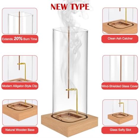Incense Holder for Sticks with Natural Wood Base and Ash-Catcher Glass