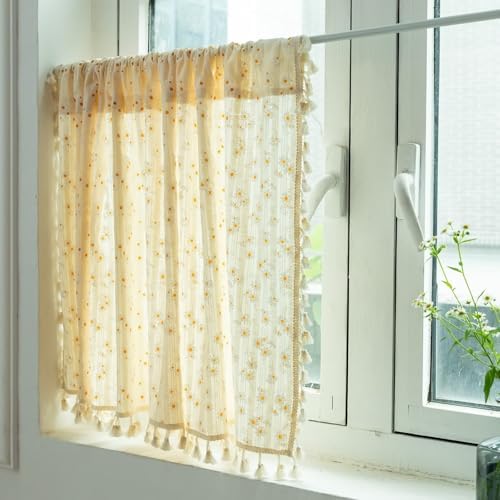 Dsnyu Small Curtains 24 Inch Beige Yellow Cotton Rod Pocket Panel
