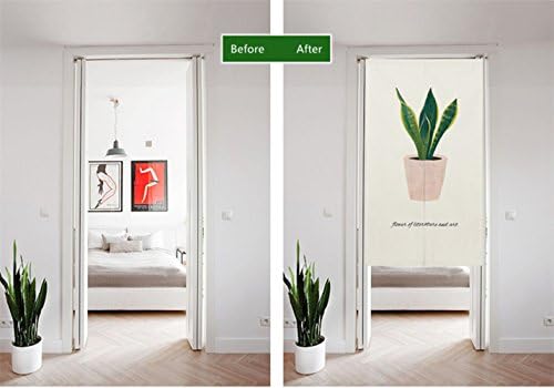 Cotton Linen Japanese Noren Door Curtain with Green Bonsai Pattern