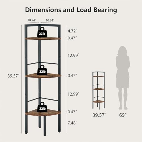 Tajsoon 3 Tier Corner Shelf Stand Industrial Rustic Brown