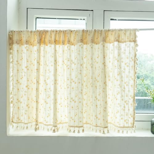 Dsnyu Small Curtains 24 Inch Beige Yellow Cotton Rod Pocket Panel