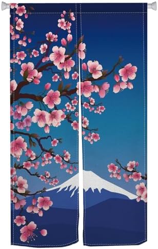 Japanese Door Curtain Noren with Cherry Sakura and Mount Fuji Design