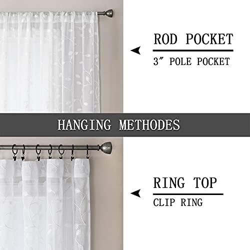 Tollpiz White Leaf Embroidered Sheer Curtains 30x24 Inches Set of 2