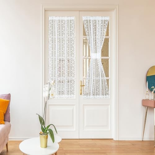 White French Door Curtain with Tieback and Floral Voile Lace