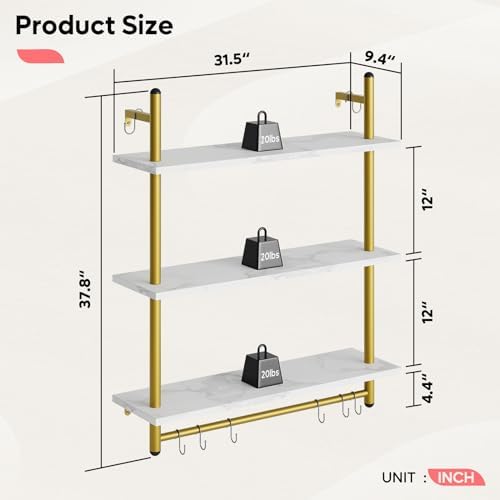 Bestier 31 Inch 3 Tier Floating Wall Shelf with 8 Hooks