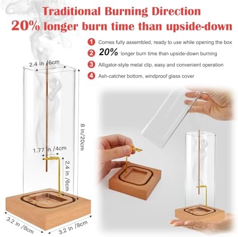 Incense Holder for Sticks with Natural Wood Base and Ash-Catcher Glass