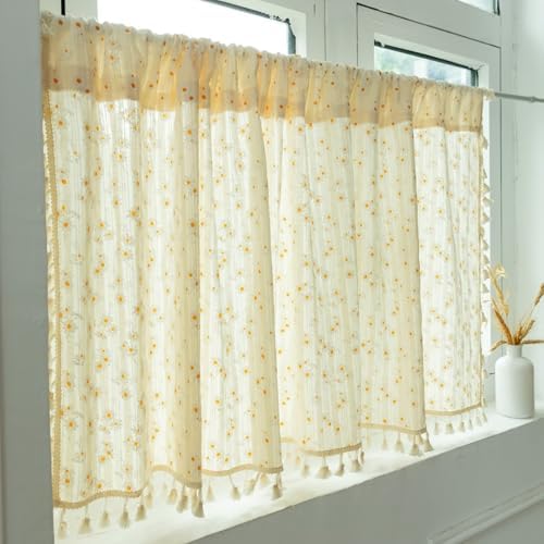 Dsnyu Small Curtains 24 Inch Beige Yellow Cotton Rod Pocket Panel