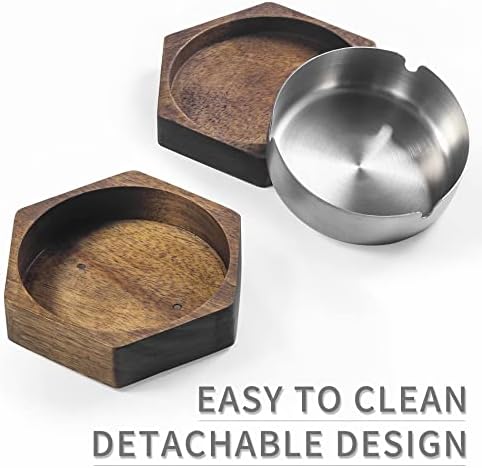 Hexagonal Wooden Ashtray with Stainless Steel Liner Gray