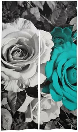 Black White Teal Gray Rose Flowers Door Curtain 57x17 Inches