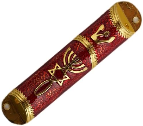 Traditional Red Gold Enamel Mezuzah Case for Home Protection