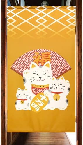 EDOYA Japanese Doorway Curtain with Animal Design Lucky Cat Yellow