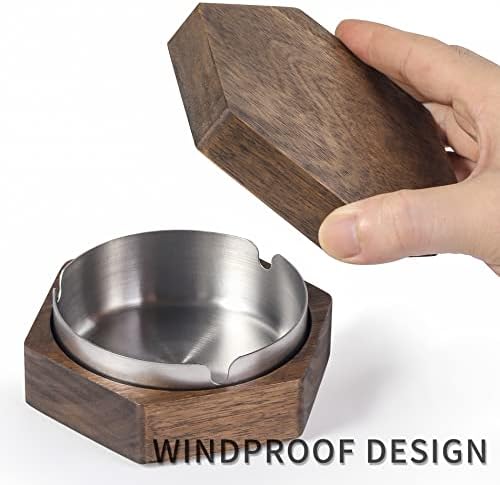 Hexagonal Wooden Ashtray with Stainless Steel Liner Gray
