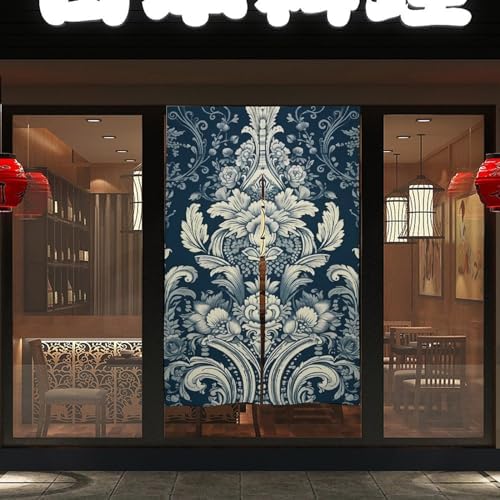 Japanese Noren Pattern Blue Background Door Curtain 34x57 Inch Split Drape