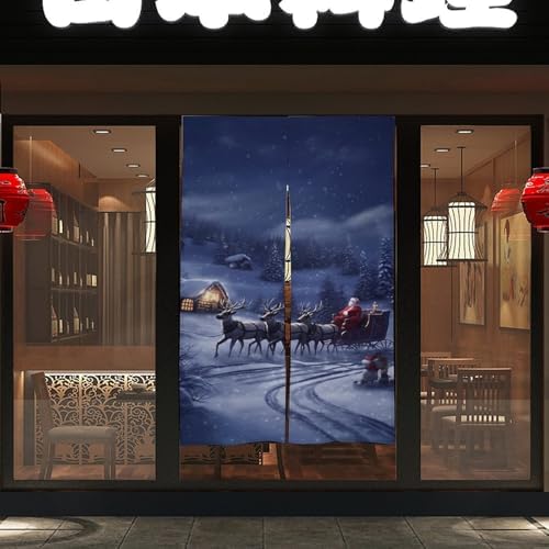 Snow Night Santa and Deer Split Door Curtain