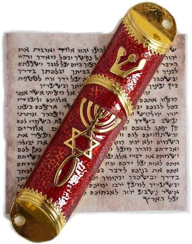 Traditional Red Gold Enamel Mezuzah Case for Home Protection