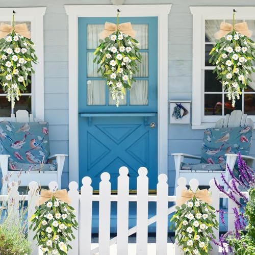 2 Pcs 24 Inch Artificial White Daisy Teardrop Wreath Swag