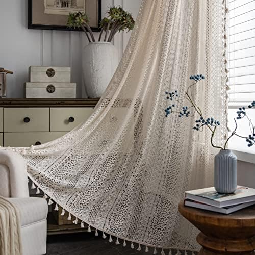 Boho Sheer Lace Curtain with Macrame Tassel