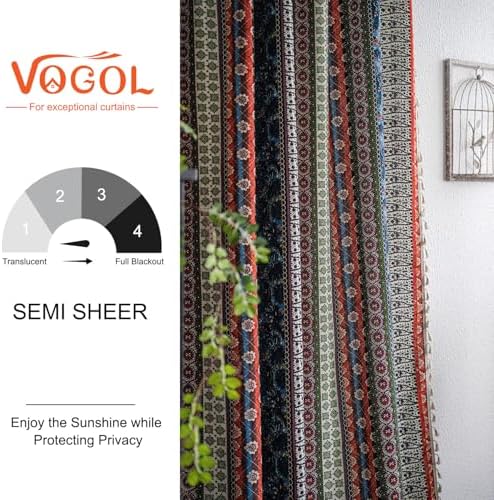 VOGOL Linen Textured Boho Curtains Red Strips 28x84