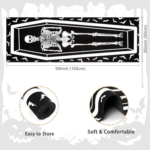 Halloween Coffin Skeleton Bat Runner Rug - Black Non-Slip Washable