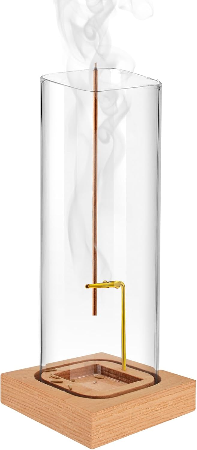Incense Holder for Sticks with Natural Wood Base and Ash-Catcher Glass