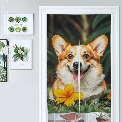 Tropical Flower and Corgi Door Cover Curtain 57x17 Inches