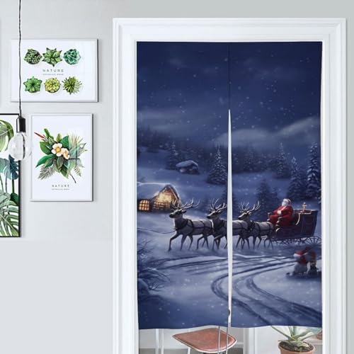 Snow Night Santa and Deer Split Door Curtain