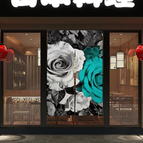 Black White Teal Gray Rose Flowers Door Curtain 57x17 Inches