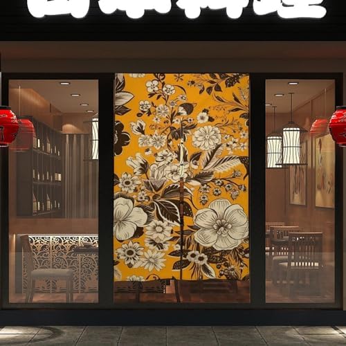 Japanese Noren Flowers Door Curtain with Yellow Background