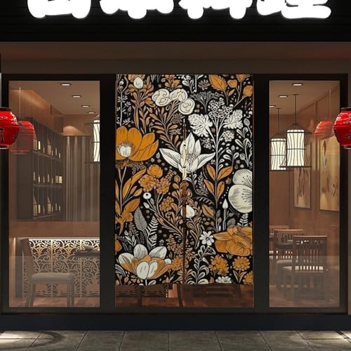 Japanese Noren Flowers Door Curtain 34x57 Black Background