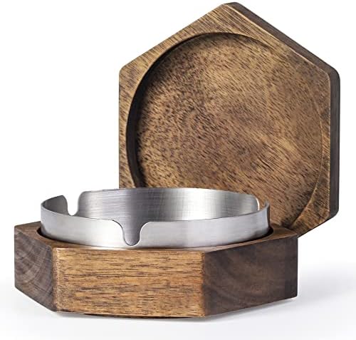 Hexagonal Wooden Ashtray with Stainless Steel Liner Gray