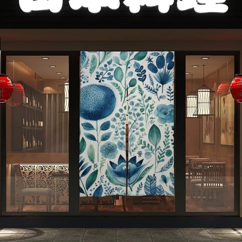 Japanese Noren Blue Plant Pattern Door Curtain 34x57