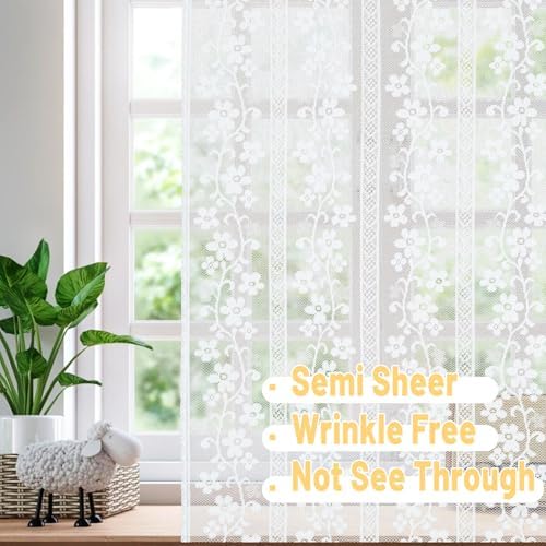 White French Door Curtain with Tieback and Floral Voile Lace