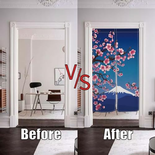 Japanese Door Curtain Noren with Cherry Sakura and Mount Fuji Design