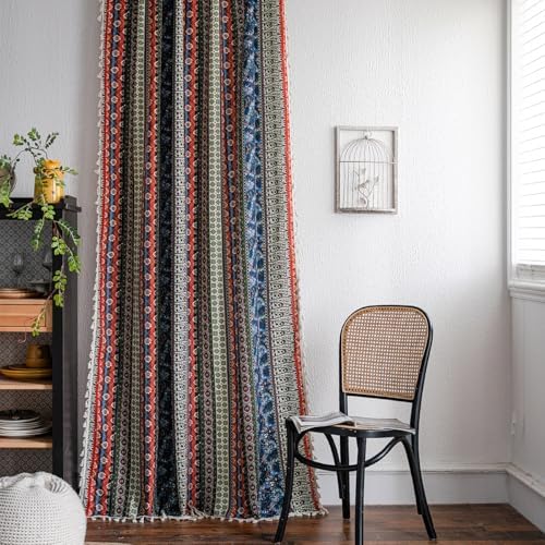 VOGOL Linen Textured Boho Curtains Red Strips 28x84
