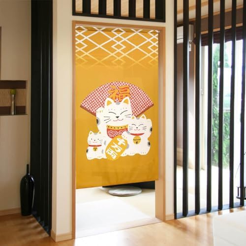 EDOYA Japanese Doorway Curtain with Animal Design Lucky Cat Yellow